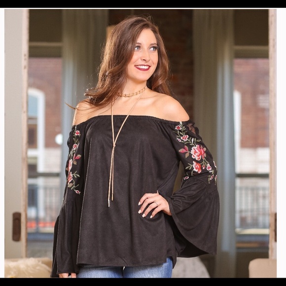 Faux Suede Embroidered Off Shoulder Tunic - Picture 2 of 8